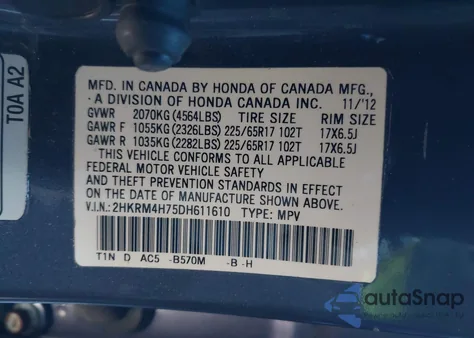 2013 Honda Cr-V Ex-L from USA, damaged, VIN 2HKRM4H75DH611610
